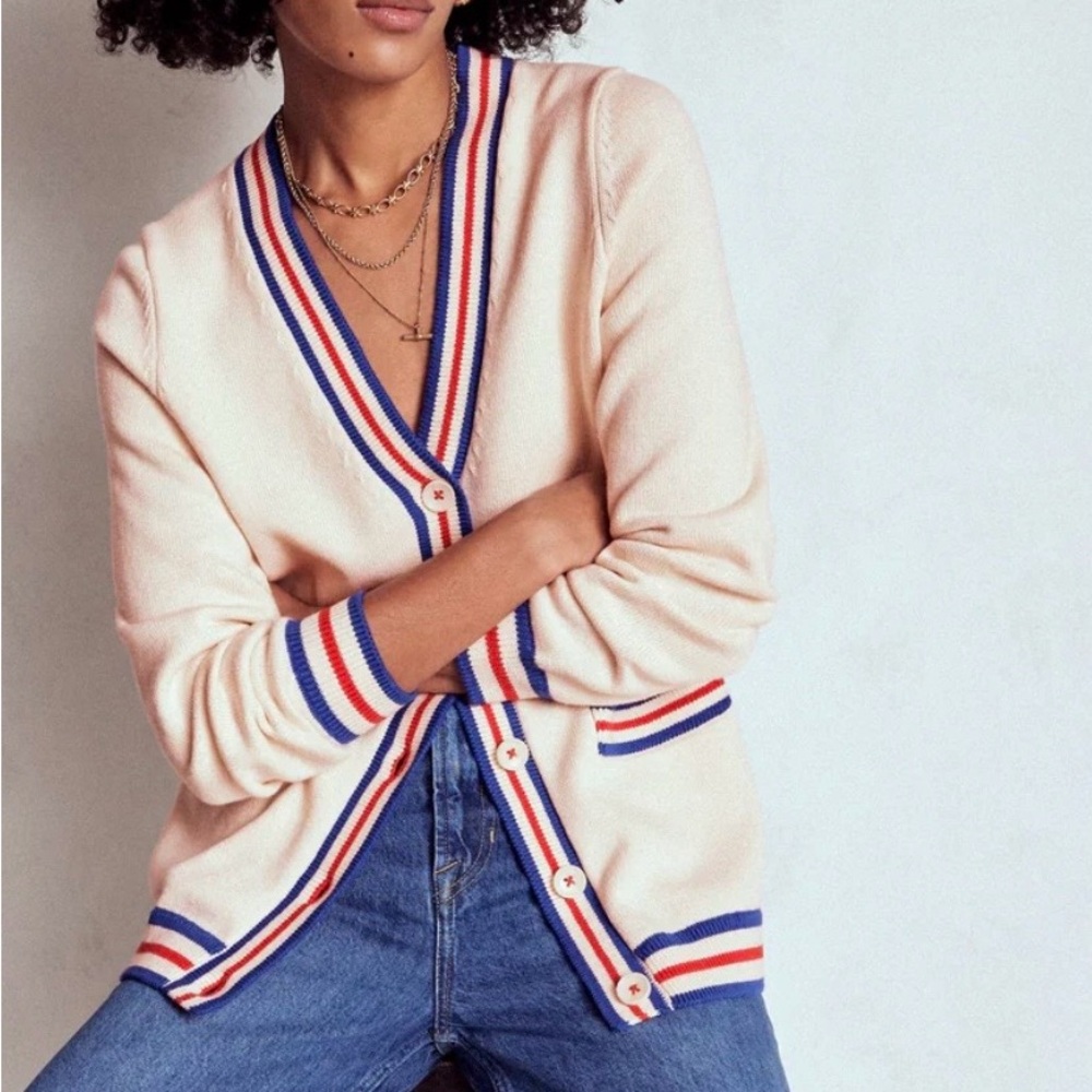 Boden Ivory V-Neck Cardigan with Blue and Red Accents